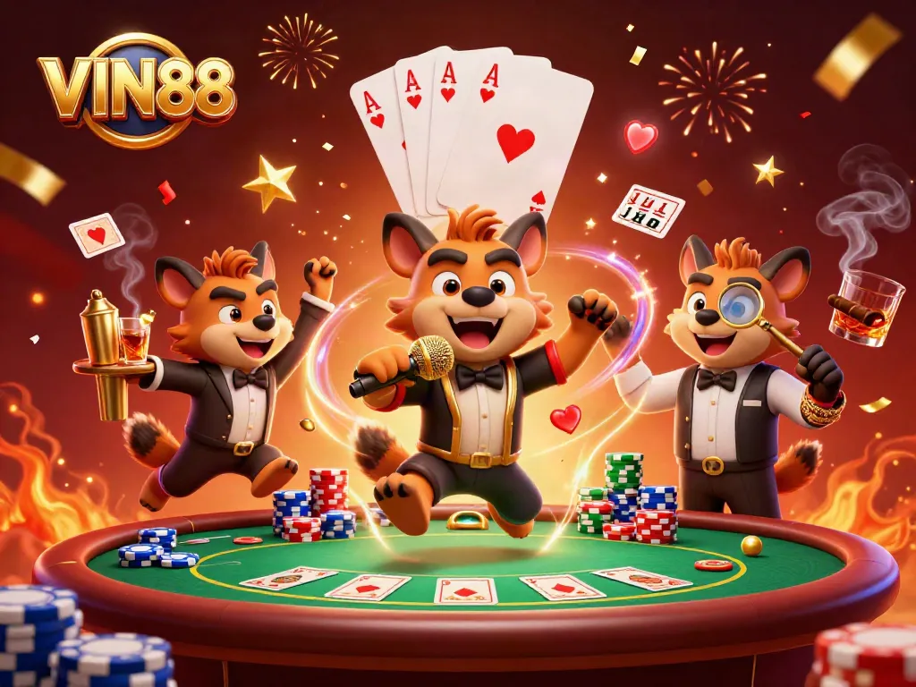 Enjoy thrilling casino moments with VIN88's lively 3D hyenas at a comedy club!