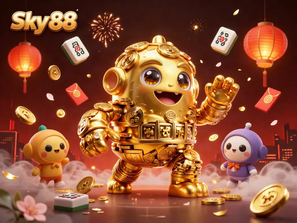 Experience thrilling gameplay with Sky 88, a vibrant 3D casino scene showcasing golden golems and festive decorations.