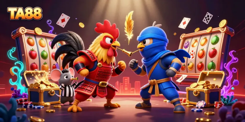 TA88 roosters face off amidst dazzling casino elements and vibrant underwater treasures