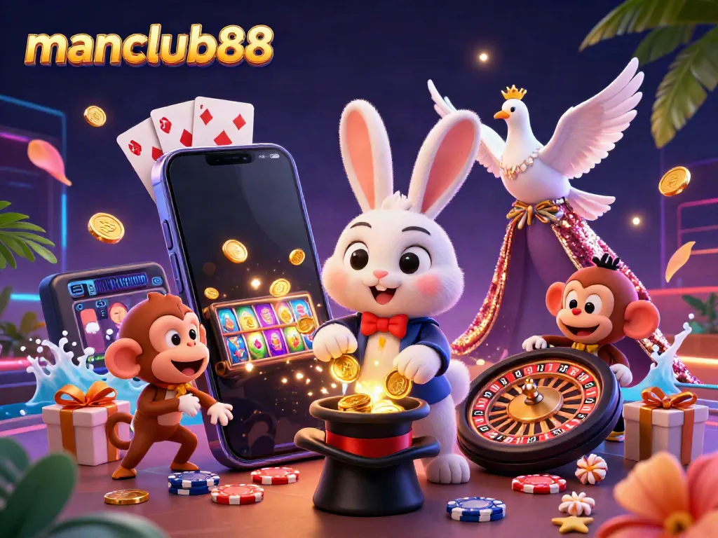 Engage with manclub88 as a magician pulls coins, while a dove and monkey add to the casino fun.