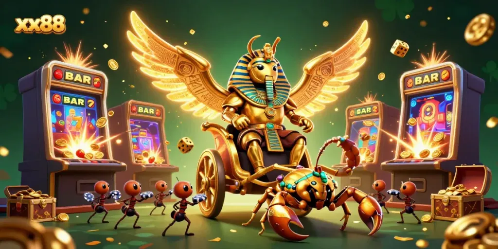 Engage in thrilling casino adventures with xx88, featuring a golden scarab beetle and dynamic gaming elements.