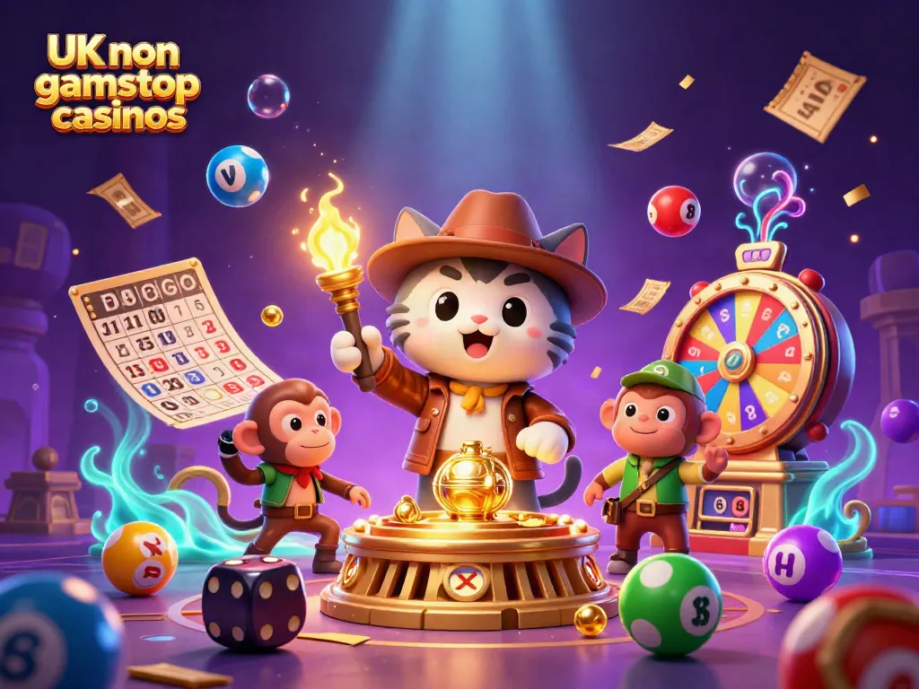 Engaging scene of UK non gamstop casinos with a cartoon explorer cat discovering a golden artifact surrounded by casino elements.