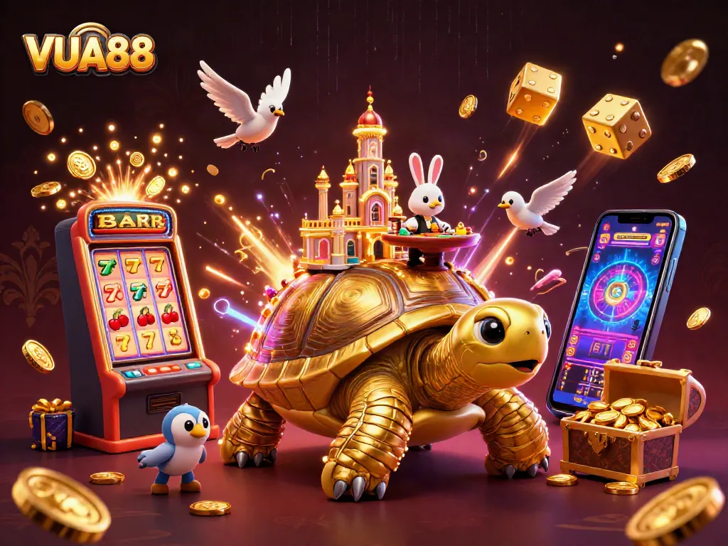 Experience VUA88 with captivating golden tortoise casino scene rich with dynamic gaming elements.