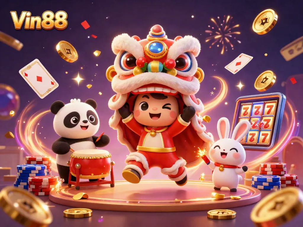 Experience the vibrant excitement of Vin88 with festive 3D characters surrounded by sparkling casino elements.