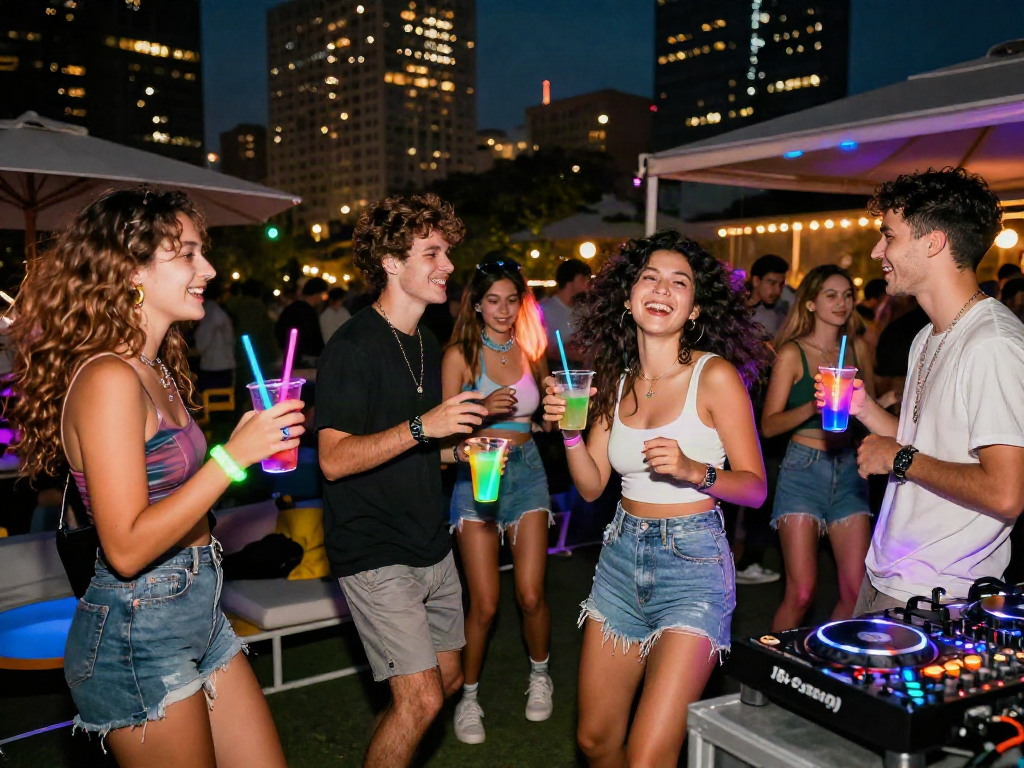 Group of friends at an 18+ AI-themed event enjoying vibrant nightlife in the city.
