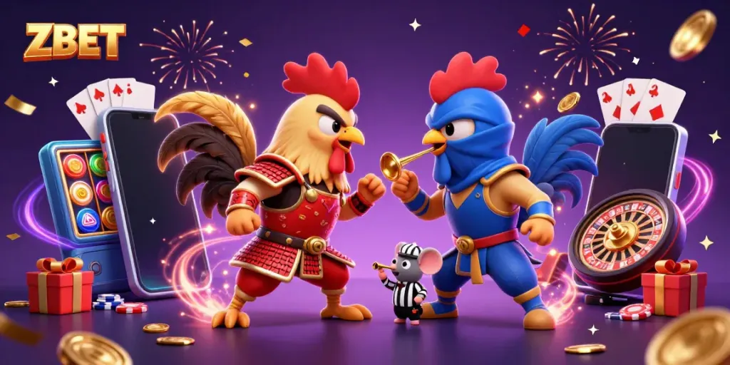 ZBET showcases an epic showdown between roosters in a dynamic casino scene full of gambling elements.