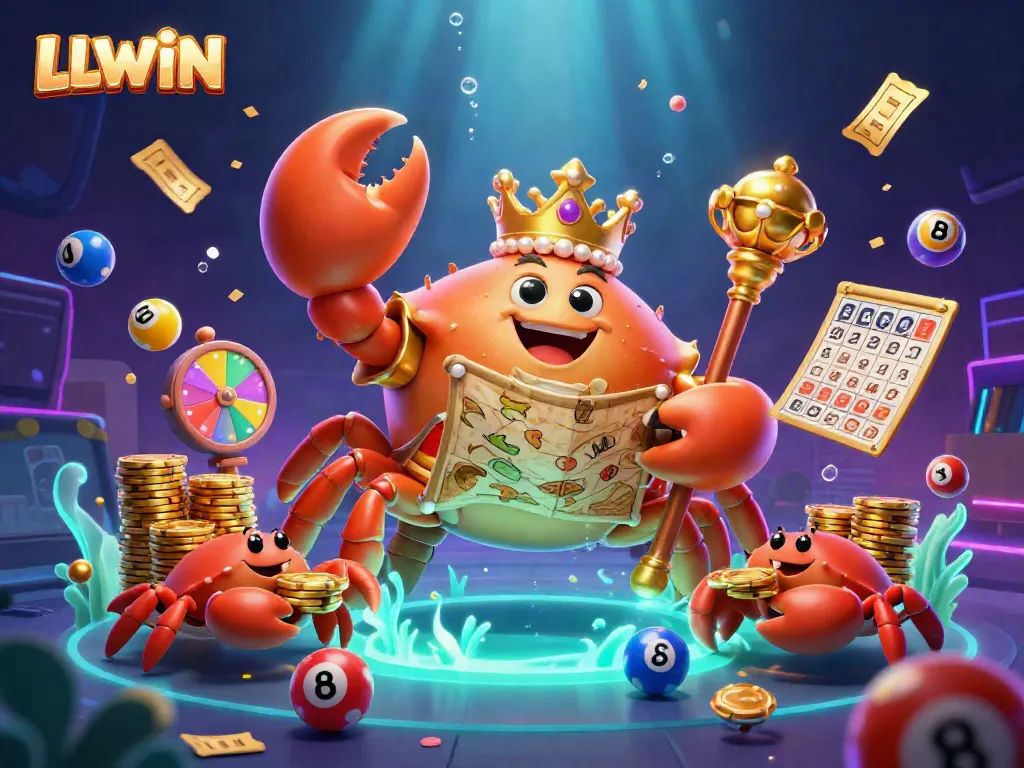 Engage in thrilling casino gameplay with LLWIN as you join the majestic crab emperor in a vibrant treasure scene.