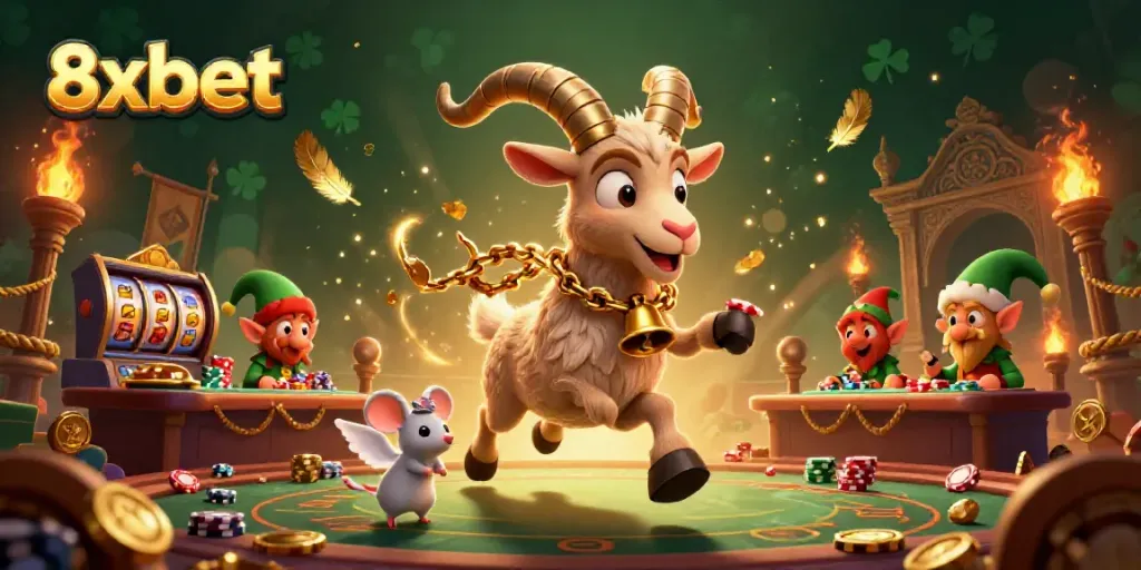 Engage in thrilling gambling action with 8xbet's festive Krampus goat, angel mouse, and mischievous elves.