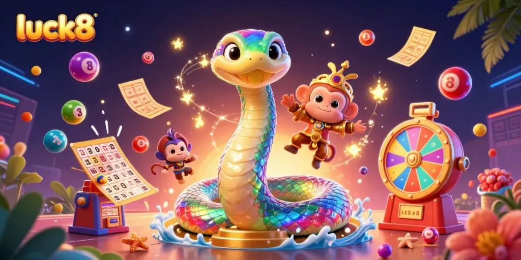 Engage in gaming excitement with luck8 surrounded by colorful lottery elements and a lively cartoon scene.