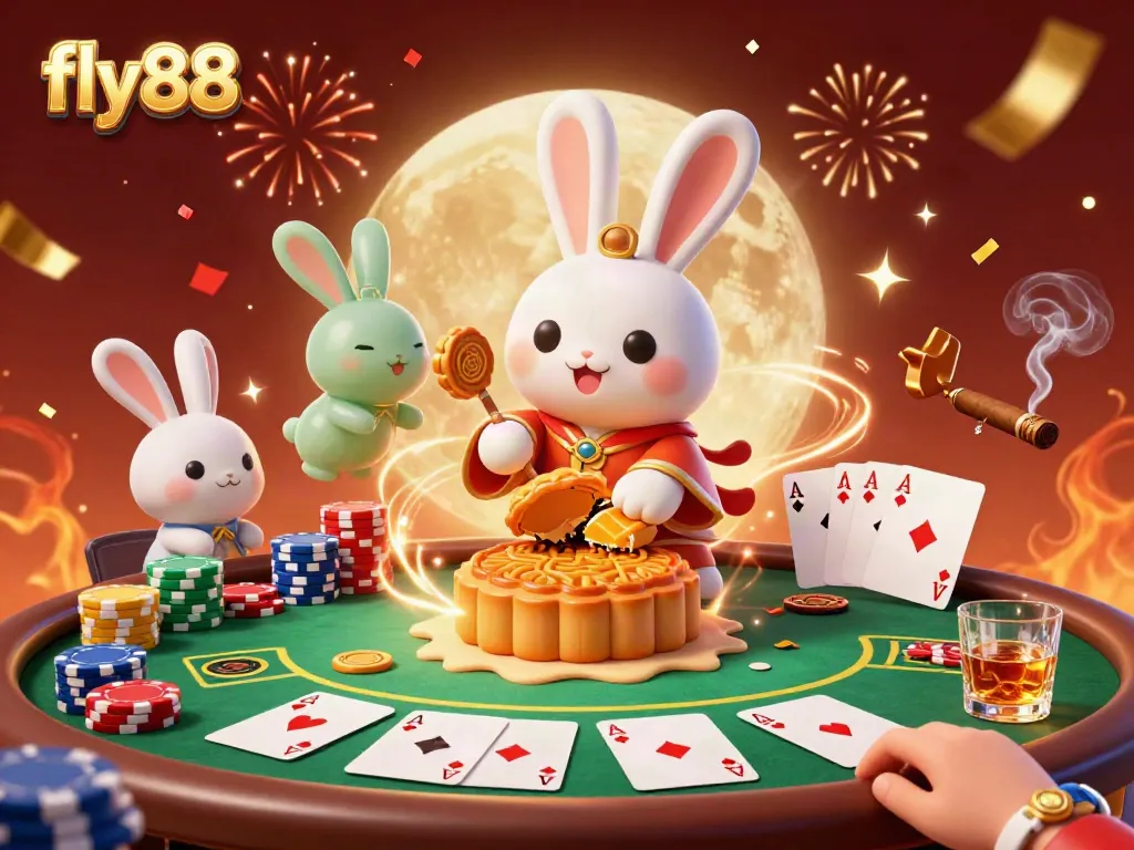 Join the fun at fly88 casino with a lively depiction of moon rabbits and poker chips.