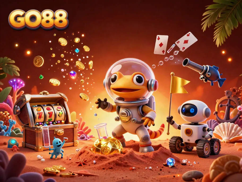 Experience GO88's treasure-filled casino adventure with Martian characters and rich slots elements.