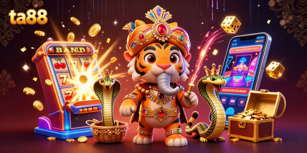 Engage with ta88's thrilling casino experience featuring a maharaja tiger and jackpot symbols.