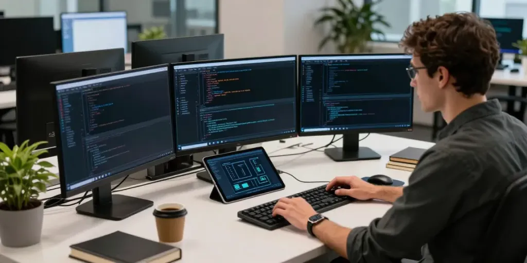 Developer using instant indexing tools at a modern tech workspace.