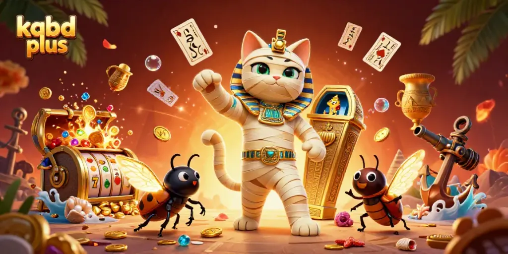 Experience thrilling action with kqbd plus in this vibrant 3D casino scene featuring Egyptian-themed characters and slot reels.