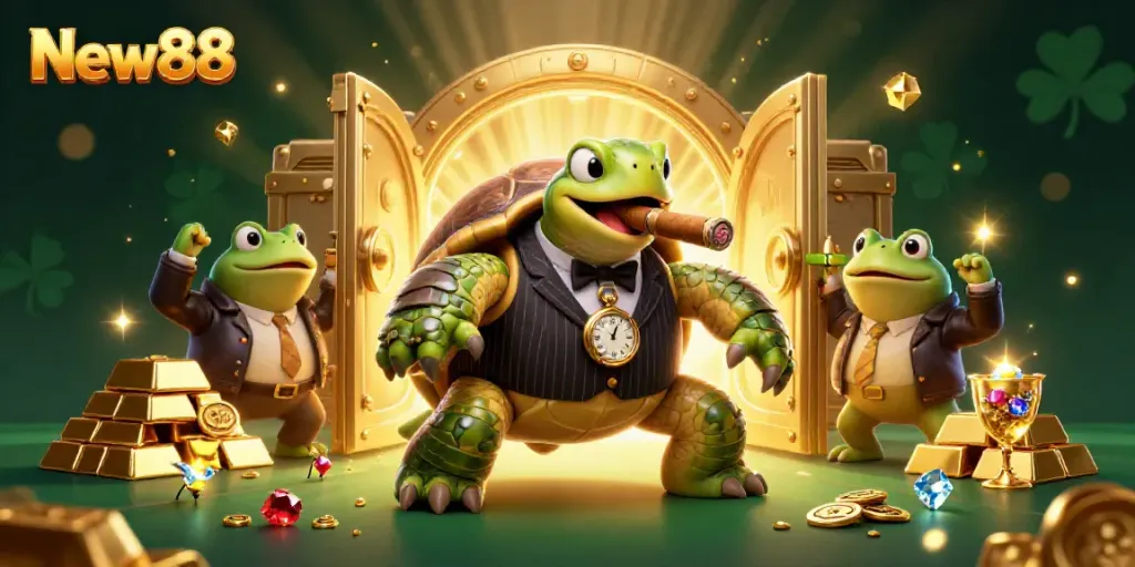 Win big at New88 with a unique 3D casino scene featuring a mobster turtle and frog enforcers.