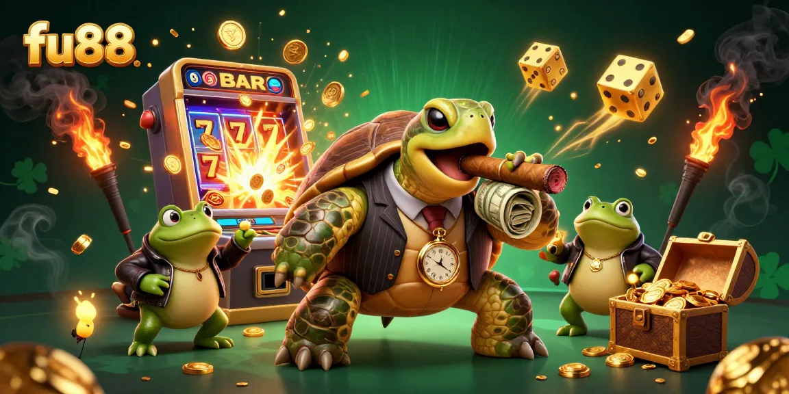 Experience thrilling moments at fu88 with a captivating cartoon turtle in vintage attire amidst a casino explosion.