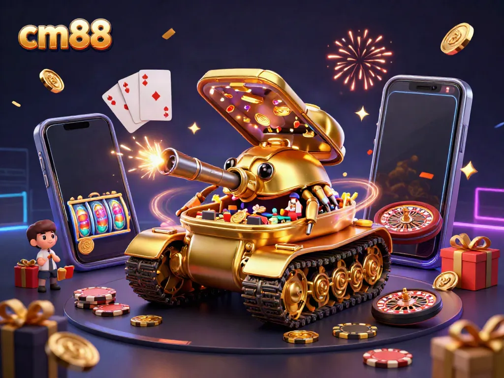 Experience thrilling gameplay with cm88's festive 3D casino tank illustration showcasing vibrant gaming action.