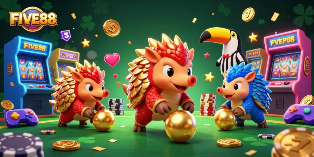 Engage in the exciting FIVE88 casino experience with dynamic pangolins and vibrant poker chips.