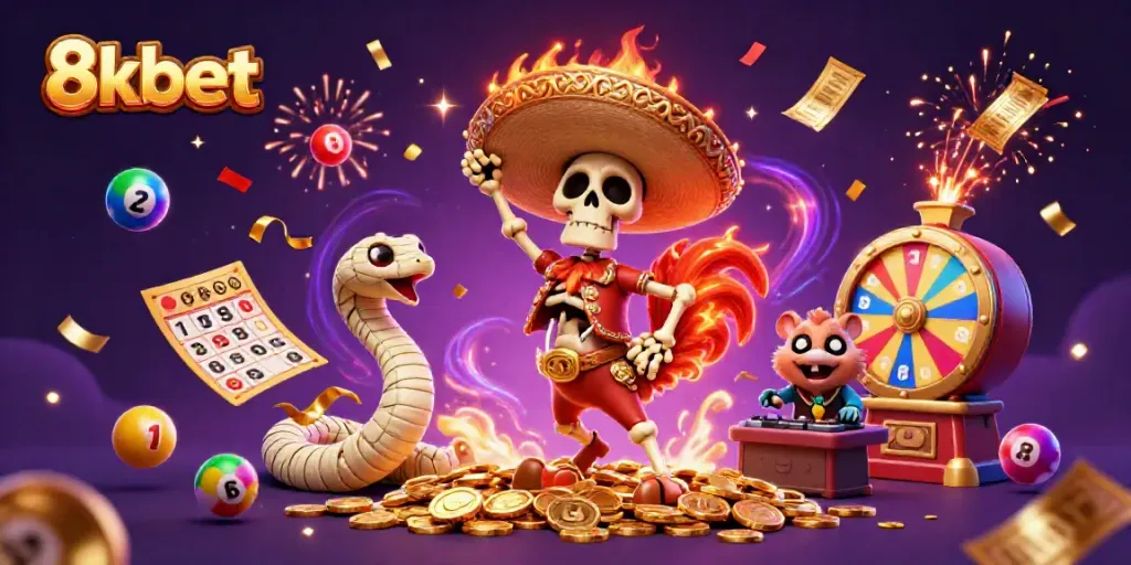 Experience 8xbet exhilaration with a lively 3D illustration of a mariachi rooster and vibrant gambling elements.