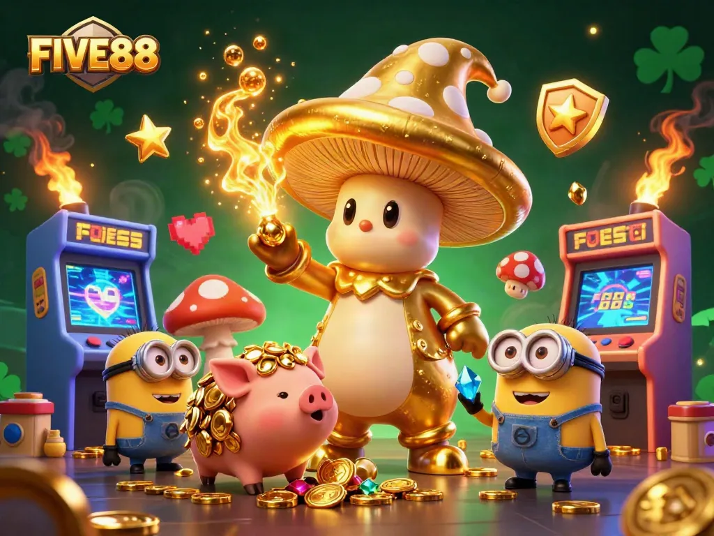 Experience the magic of FIVE88 with golden elements and dynamic gaming action