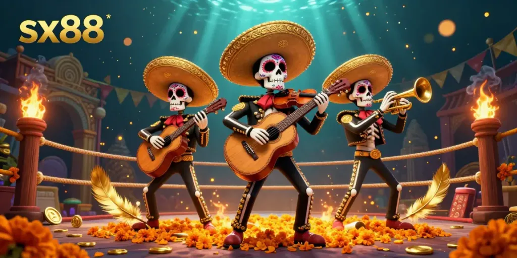 Experience the vibrant mariachi-themed sx88 scene with colorful characters and dynamic casino elements.