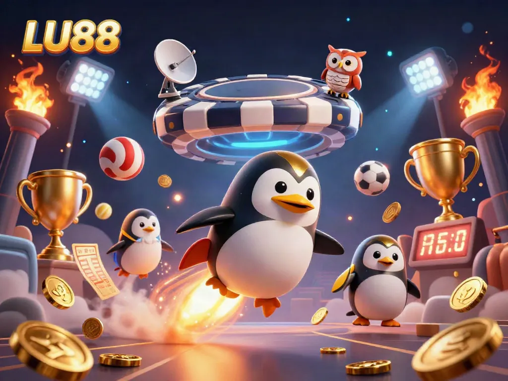 Experience LU88 with a golden penguin and casino elements in an exciting cosmic scene.
