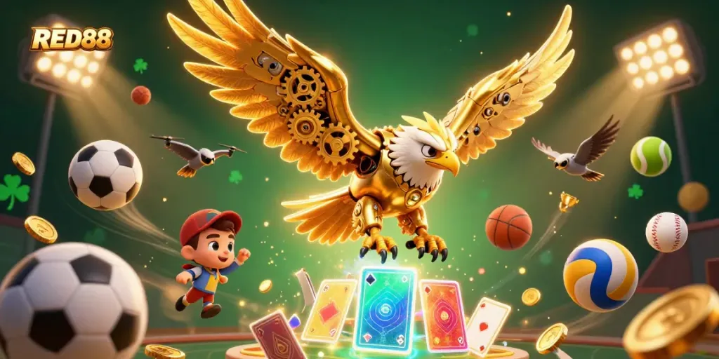 Experience high-stakes action with RED88's golden eagle champion soaring among gambling symbols.
