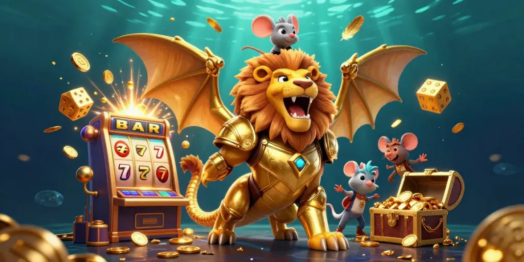 Experience the excitement of 88kbet with a chimera and mouse jockey amidst a jackpot explosion and vibrant casino elements.