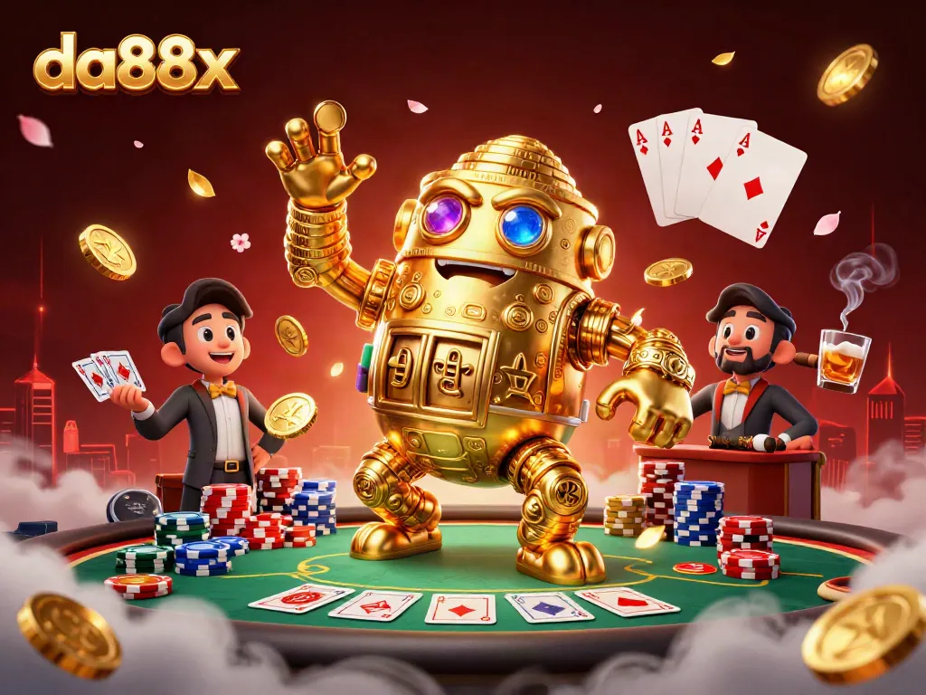 Spin and win with da88x: dynamic scene featuring a golden golem and colorful poker chips.