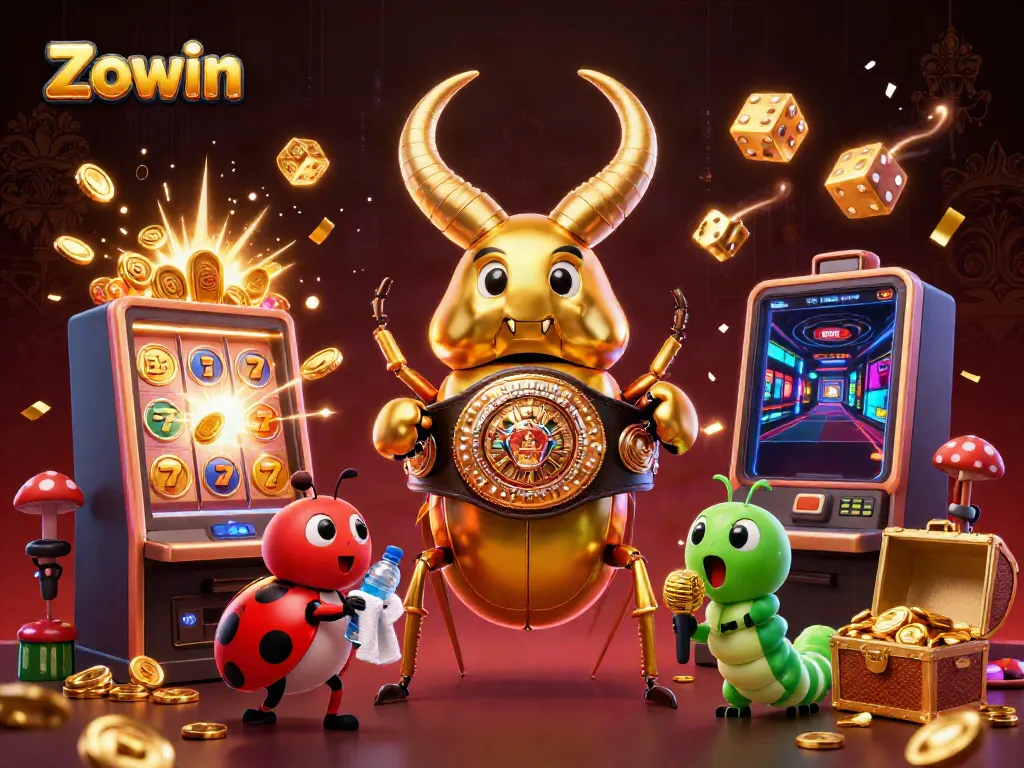 Zowin's vibrant gaming scene showcases thrilling online casino play with colorful slot machines and lively characters.