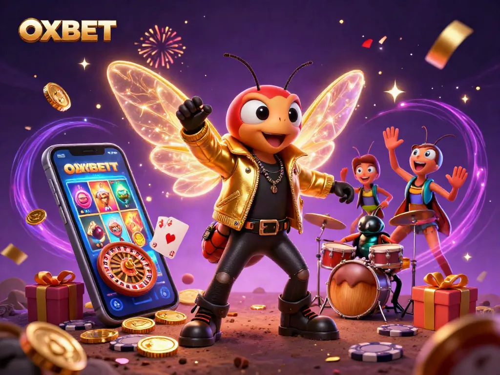 Experience the excitement of OXBET with a dynamic 3D scene featuring a cicada rock star amidst casino elements.