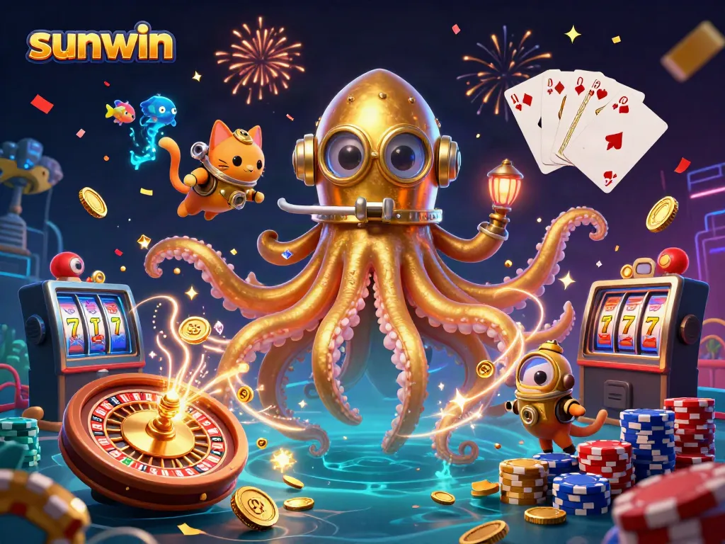 Engage with sunwin’s immersive gaming experience featuring a kraken and vintage diver in a vibrant casino world.