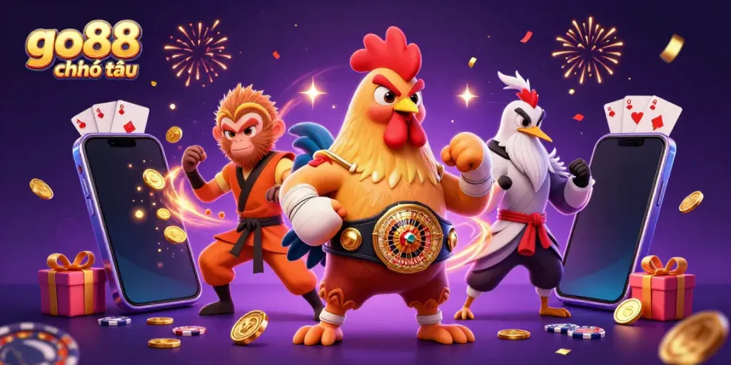 Experience thrilling adventures with go88 chính thức as a rooster, monkey, and crane celebrate wins in a vibrant casino!