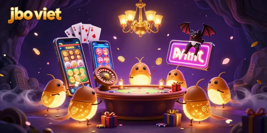 Engage in thrilling casino fun with jbo viet's vibrant illustration of glowworms lighting a cave casino adventure.