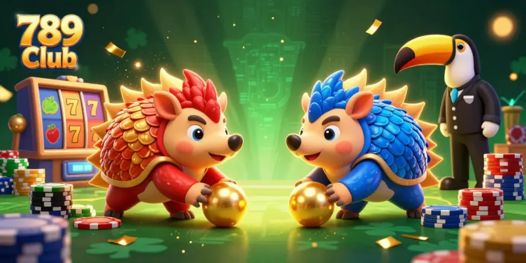 Experience the thrilling action of 789 Club with rival pangolins in a vibrant slot game showdown.
