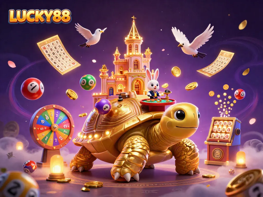 Experience the thrill of LUCKY88 with a vibrant casino scene featuring a golden tortoise, rabbit dealer, and dynamic game elements.