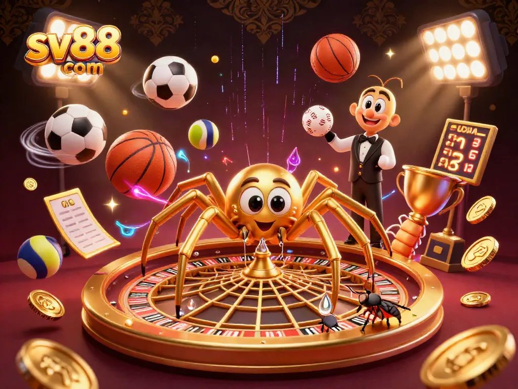 Experience thrilling bets at sv88 com with a captivating spider spinning roulette web, flanked by dynamic sports elements.