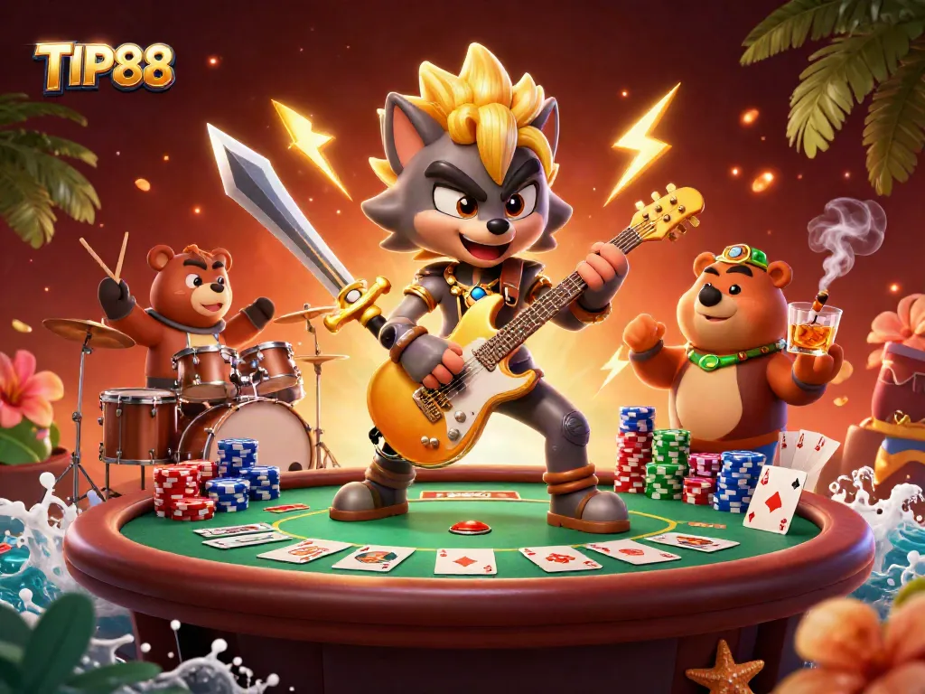 Experience vibrant gaming action at TIP88 with a cartoon rock star wolf and poker gameplay.