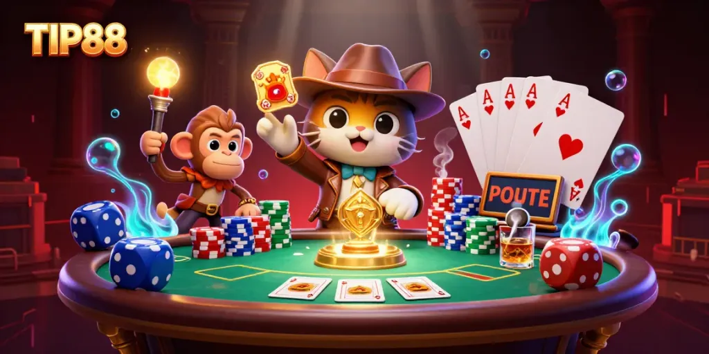 Engage with TIP88 while exploring a vibrant 3D casino scene filled with dynamic gaming elements.