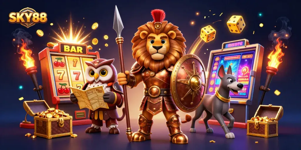 Experience the thrilling world of SKY88 where a Spartan lion, owl, and greyhound animate the excitement of jackpot slots.