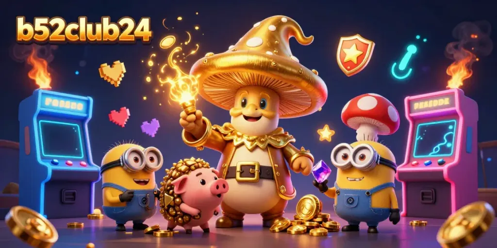 Engage with b52club24's magical gaming adventure featuring a golden mushroom wizard and treasure-mining pig.