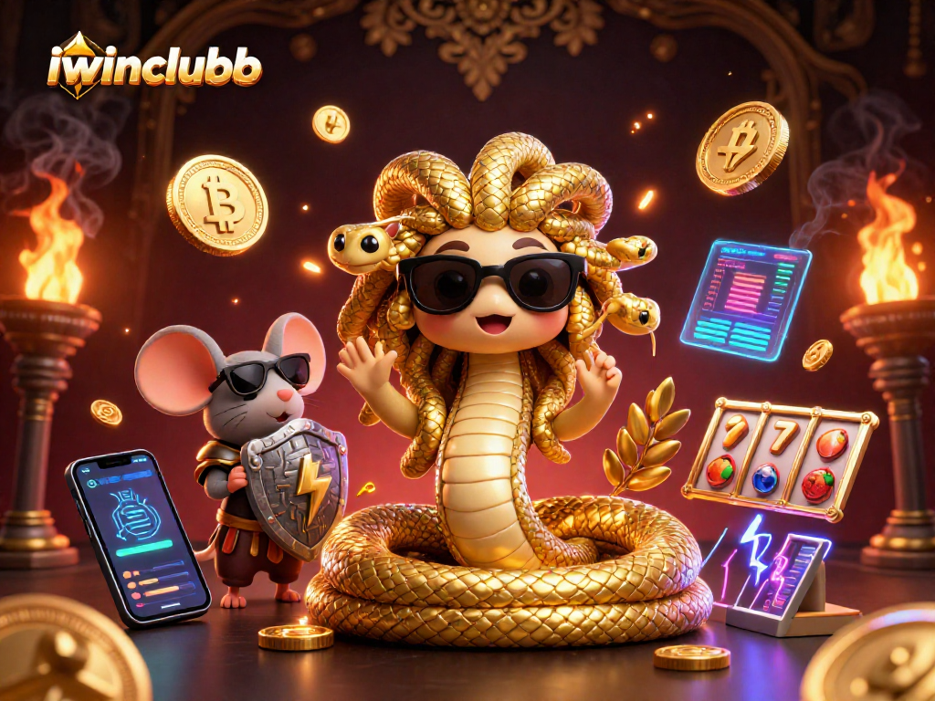 Experience the excitement at iwinclubb with a vibrant 3D casino scene featuring Medusa and a warrior mouse.