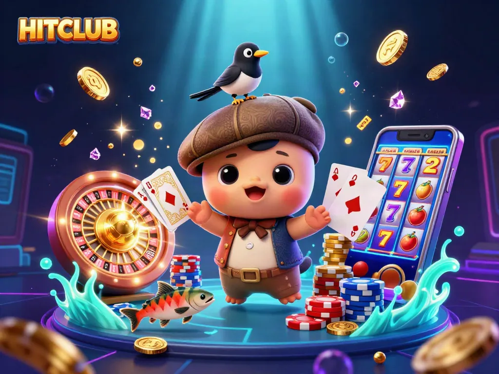 Win big at HITCLUB with exciting slot machines, golden coins, and vibrant characters.