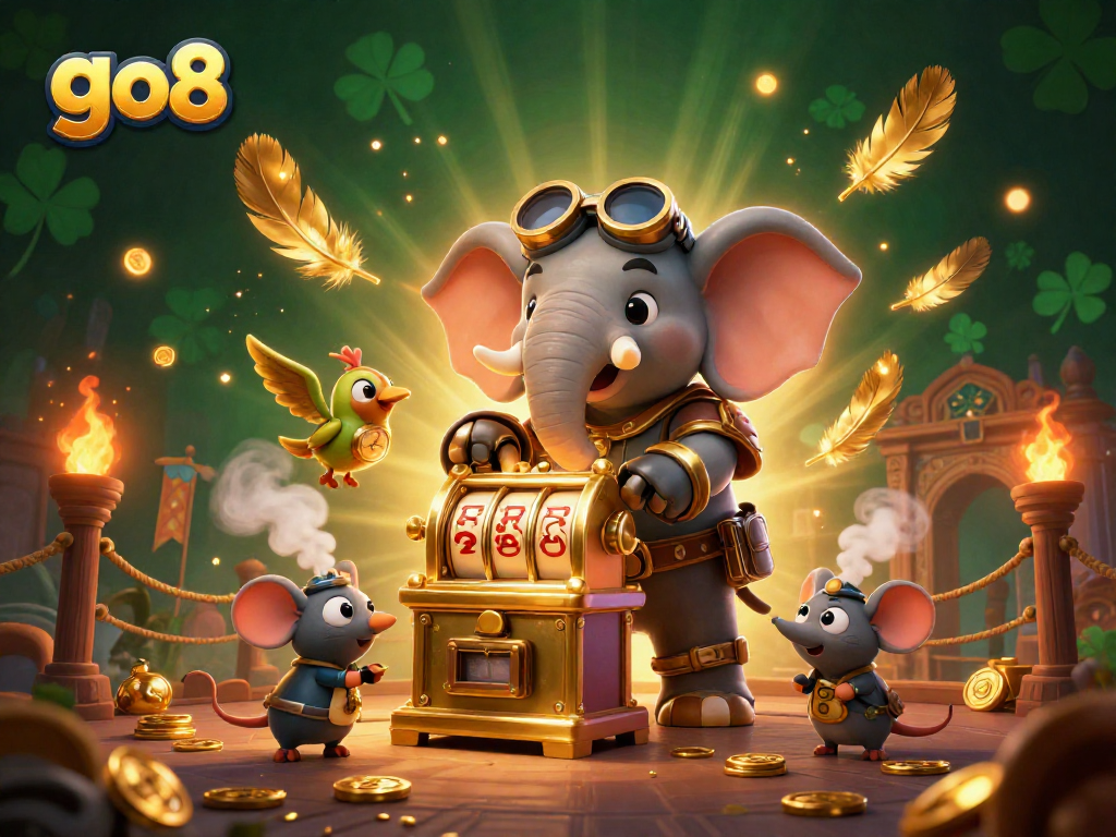 Spin the golden slot machine with go8 for thrilling gaming rewards in a vibrant casino scene.