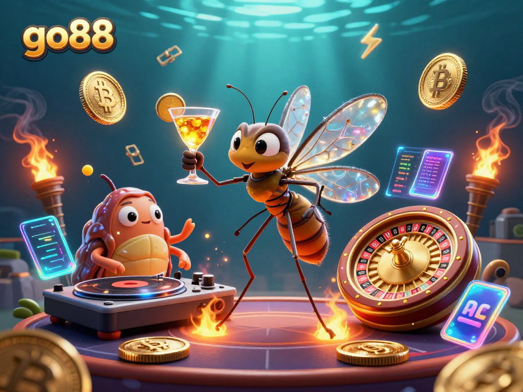 Experience the excitement of go88 casino with dynamic characters, Bitcoin and Ethereum coins, and vibrant visuals.