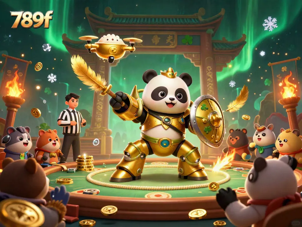 Experience thrilling 789f gambling action with a golden panda pilot and dazzling casino elements.