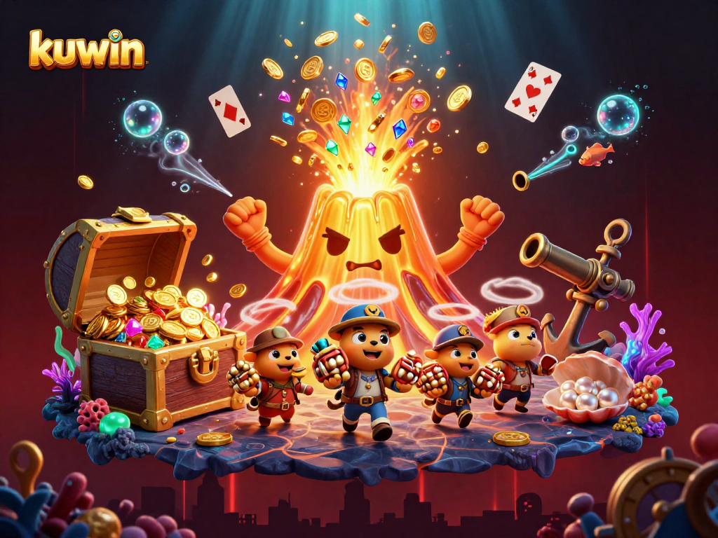 Kuwin players enjoying treasure from a golden volcano in an exciting casino adventure illustration.