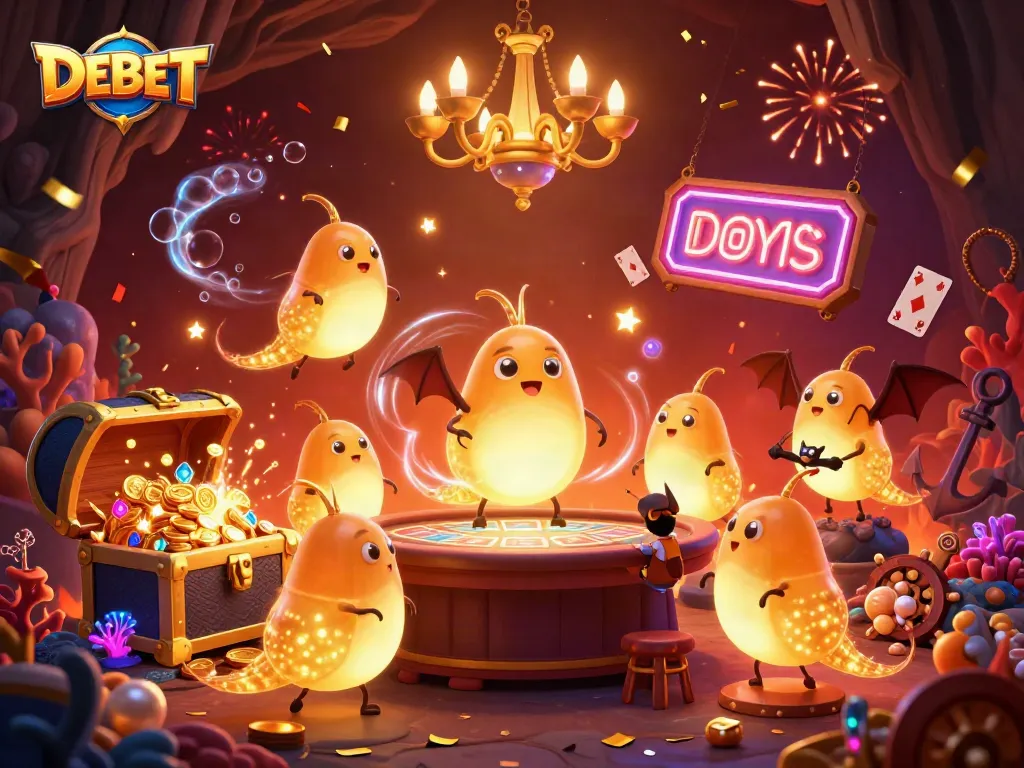 Experience the excitement of DEBET with glowing critters illuminating a vibrant cave casino scene.