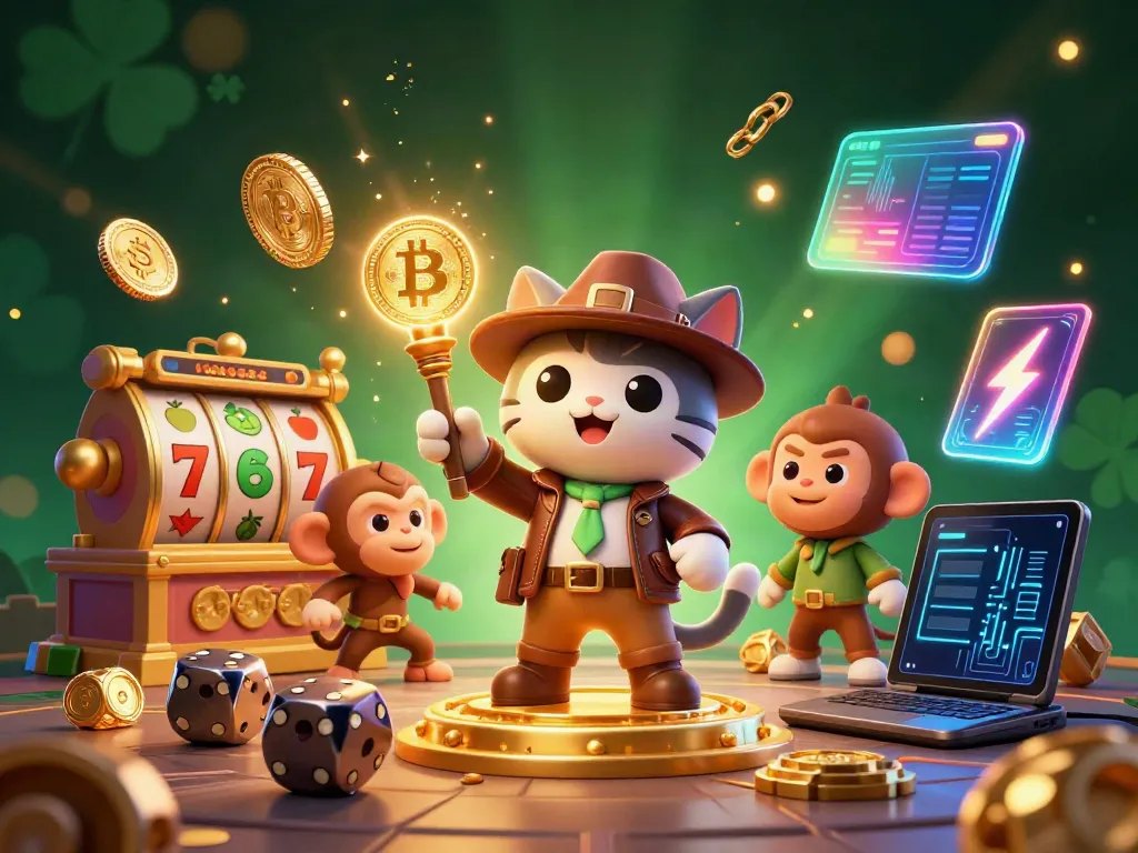 Engage with SUNWIN as the explorer cat discovers a golden casino artifact, surrounded by dynamic gaming elements.