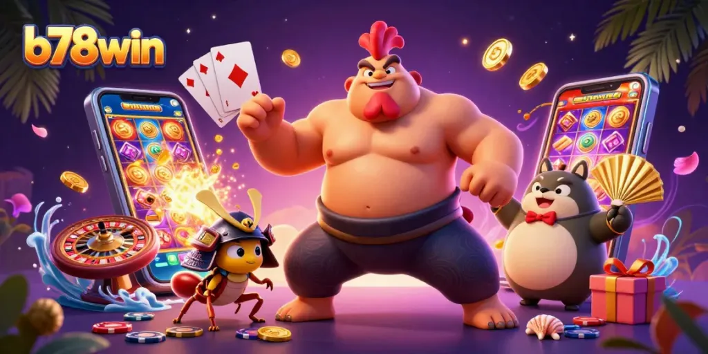 b78win captures the exhilarating casino atmosphere with dynamic game elements and vibrant characters.